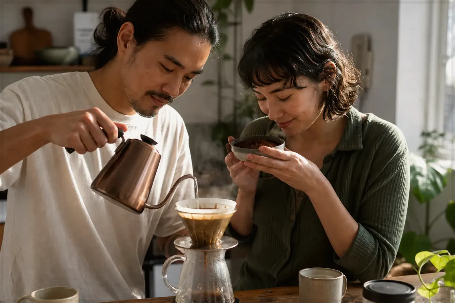 Zwei Menschen bereiten am Wochenende gemeinsam Filterkaffee mit einem Handfilter zu – gezeigt für Kaffeemaschinen-Finder im Kaufberatung.