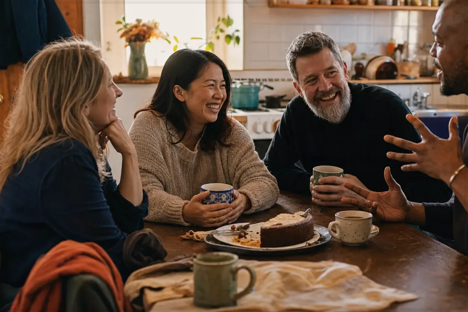 Vier erwachsene Freunde lachen gemeinsam bei Kaffee und selbst gebackenem Kuchen – gezeigt für Kaffeemaschinen-Finder im Kaufberatung.