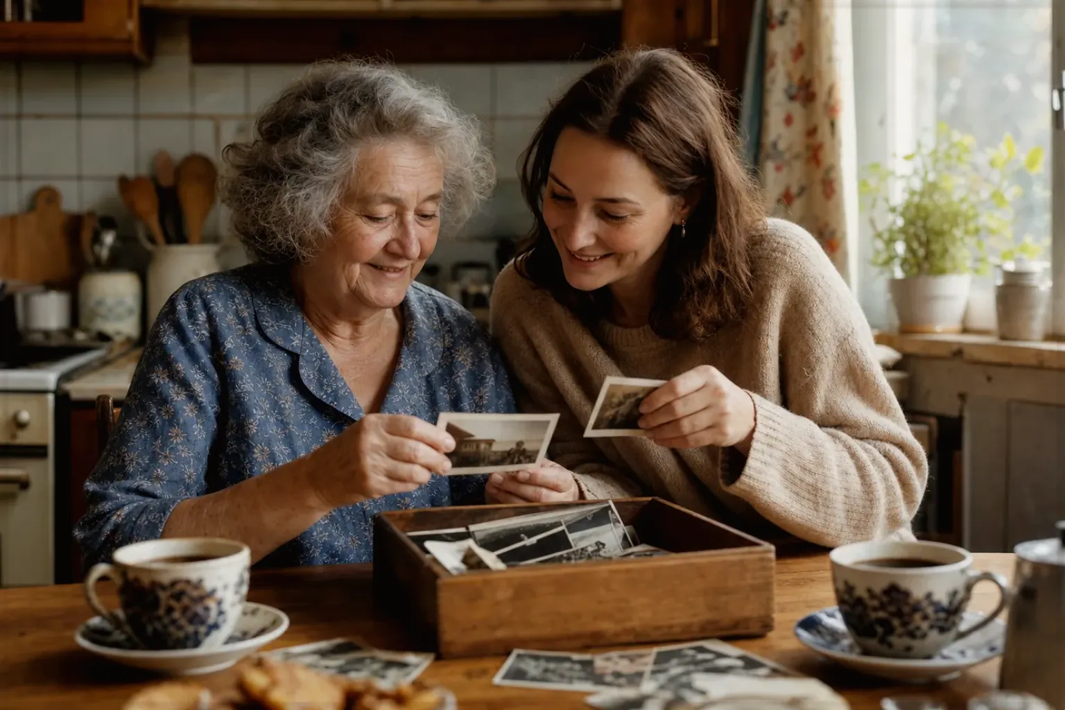Eine ältere Frau und ihre erwachsene Enkelin betrachten bei Kaffee gemeinsam alte Familienfotos – gezeigt für Kaffeemaschinen-Finder im Kaufberatung.