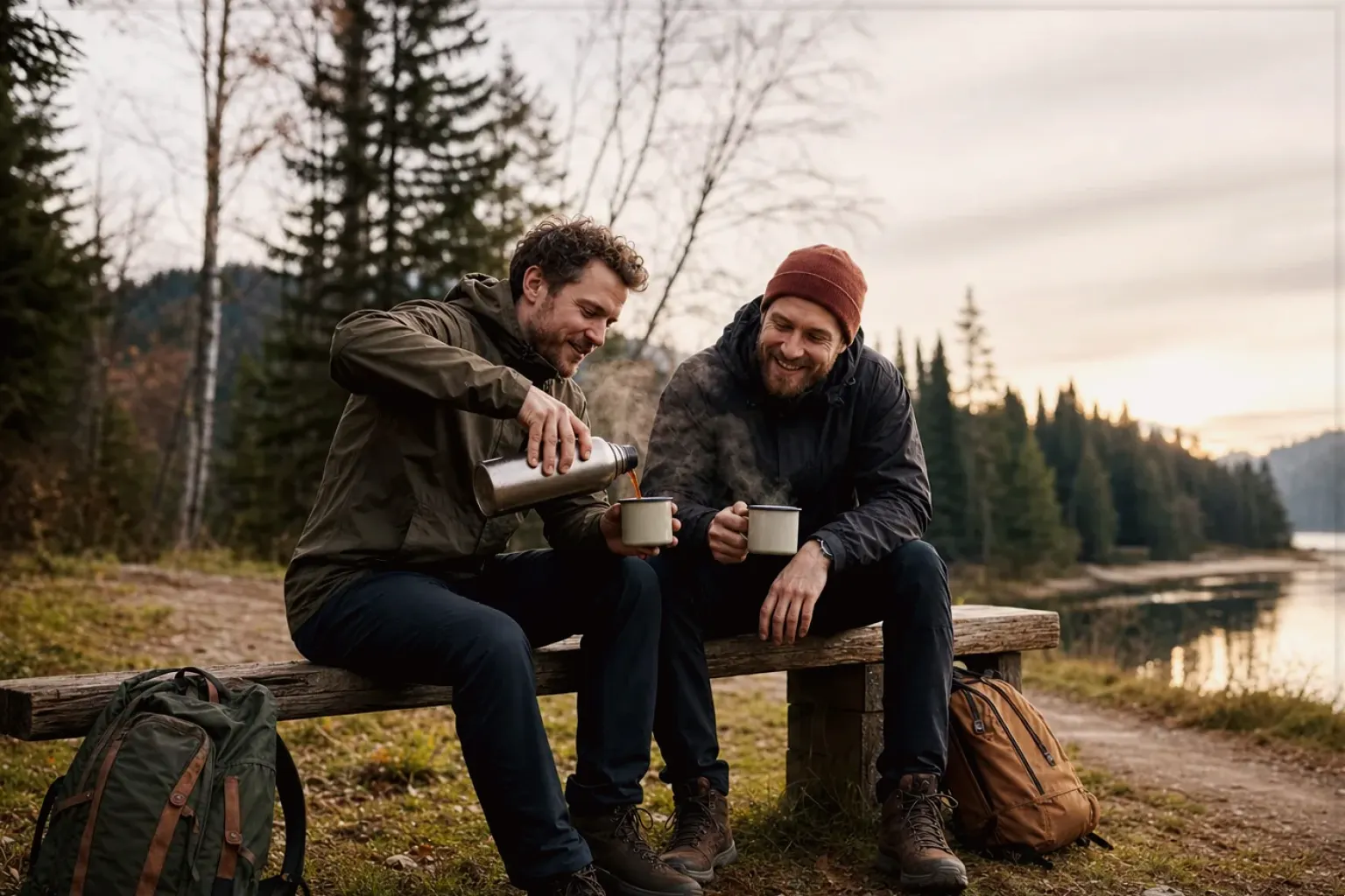Zwei Freunde teilen auf einer Wanderung heißen Kaffee aus einer Thermoskanne am See – gezeigt für Kaffeemaschinen-Finder im Kaufberatung.