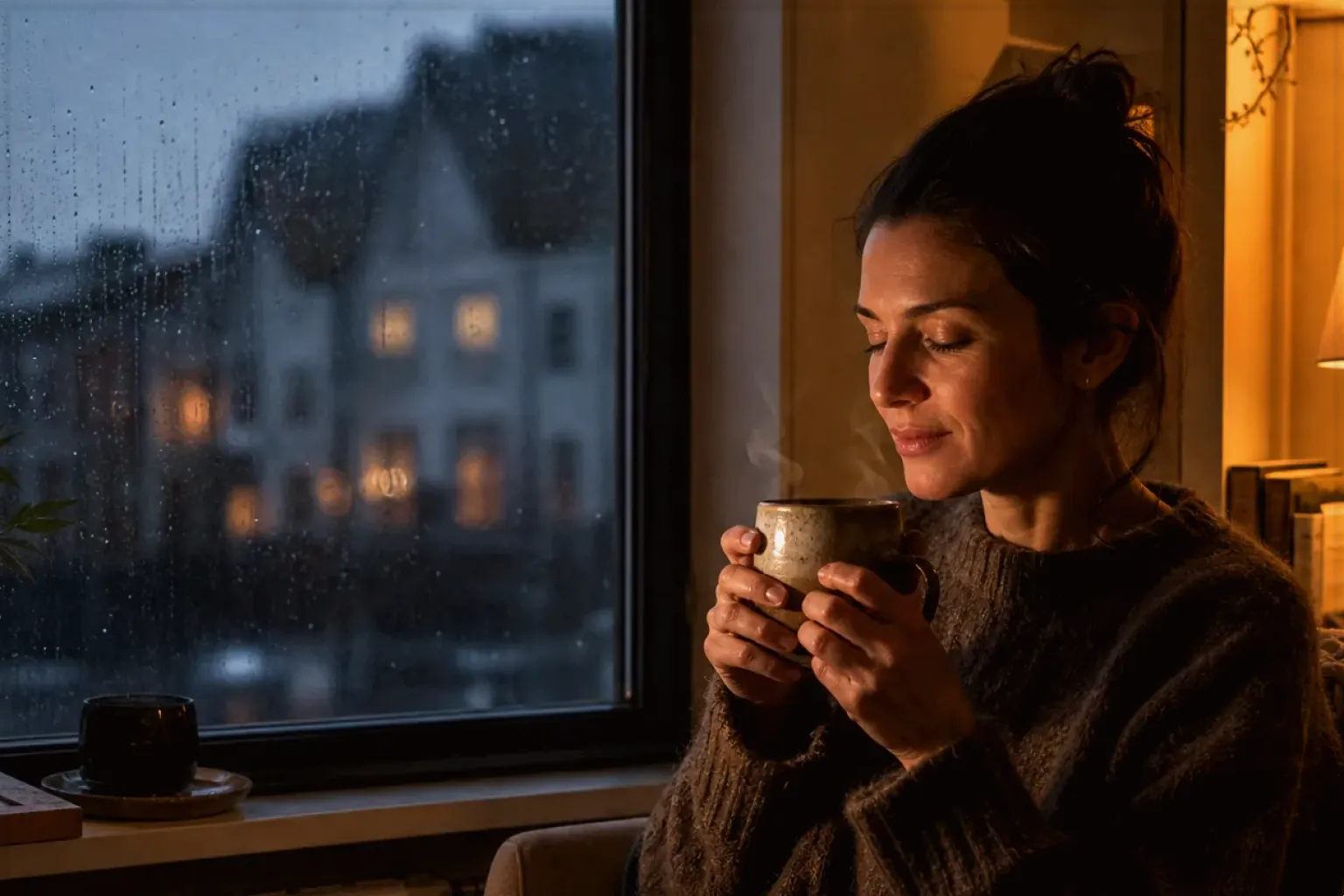 Eine Frau genießt an einem regnerischen Abend ruhig eine warme Tasse Kaffee am Fenster – gezeigt für Kaffeemaschinen-Finder im Kaufberatung.