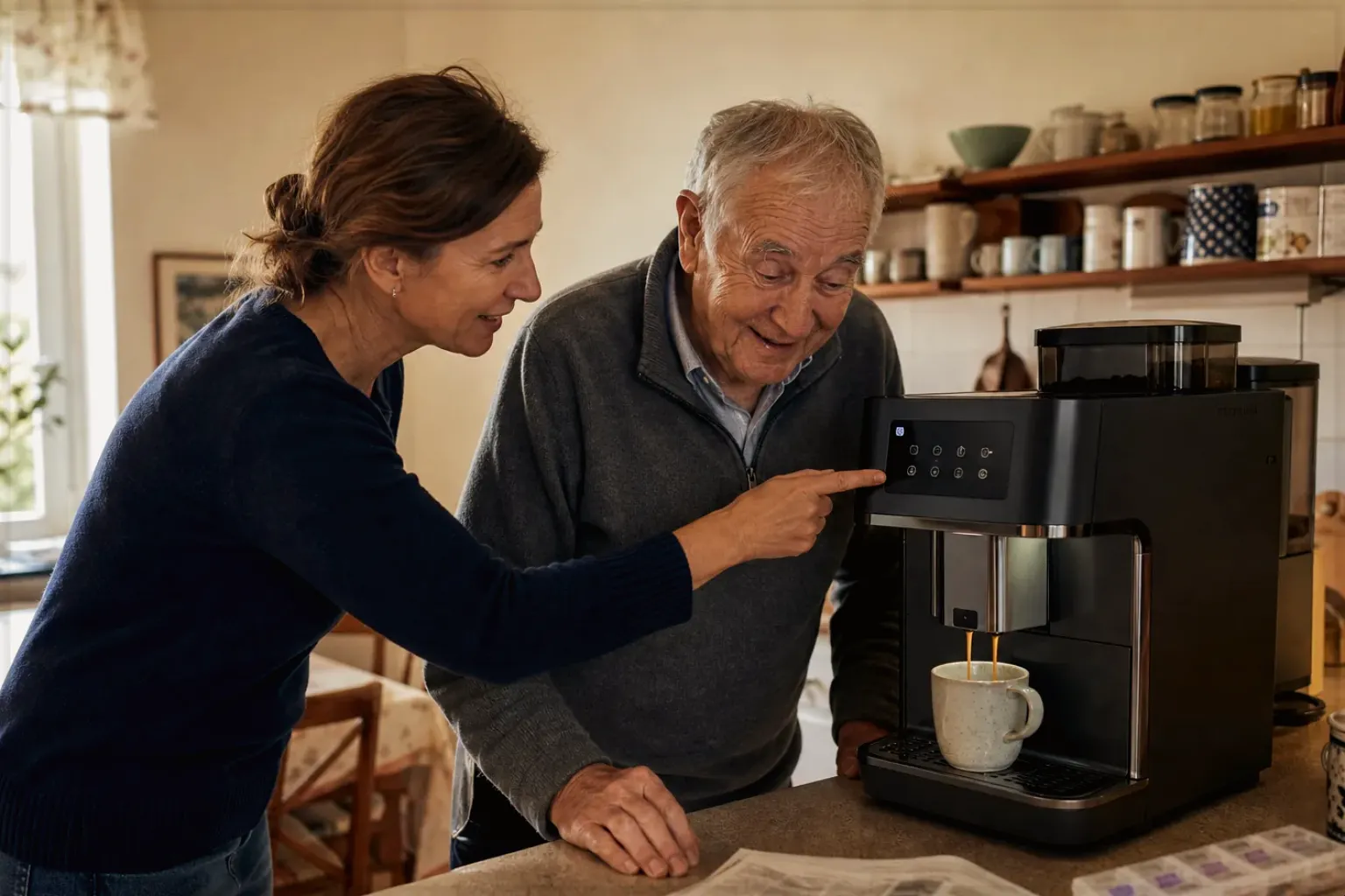 Eine erwachsene Tochter erklärt ihrem Vater verständlich die Bedienung eines Kaffeevollautomaten.