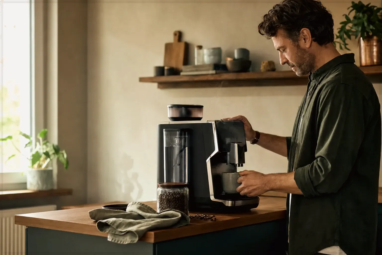 Ein Mann bereitet morgens Kaffee an einem Vollautomaten in seiner Küche zu – gezeigt für Kaffeemühlen-Finder im Kaufberatung.