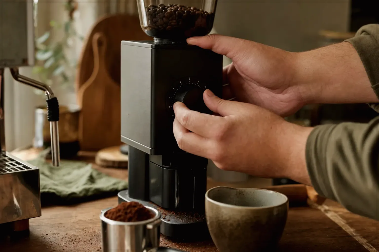 Zwei Hände stellen den Mahlgrad an einer Kaffeemühle neben einer Espressomaschine ein – gezeigt für Kaffeemühlen-Finder im Kaufberatung.