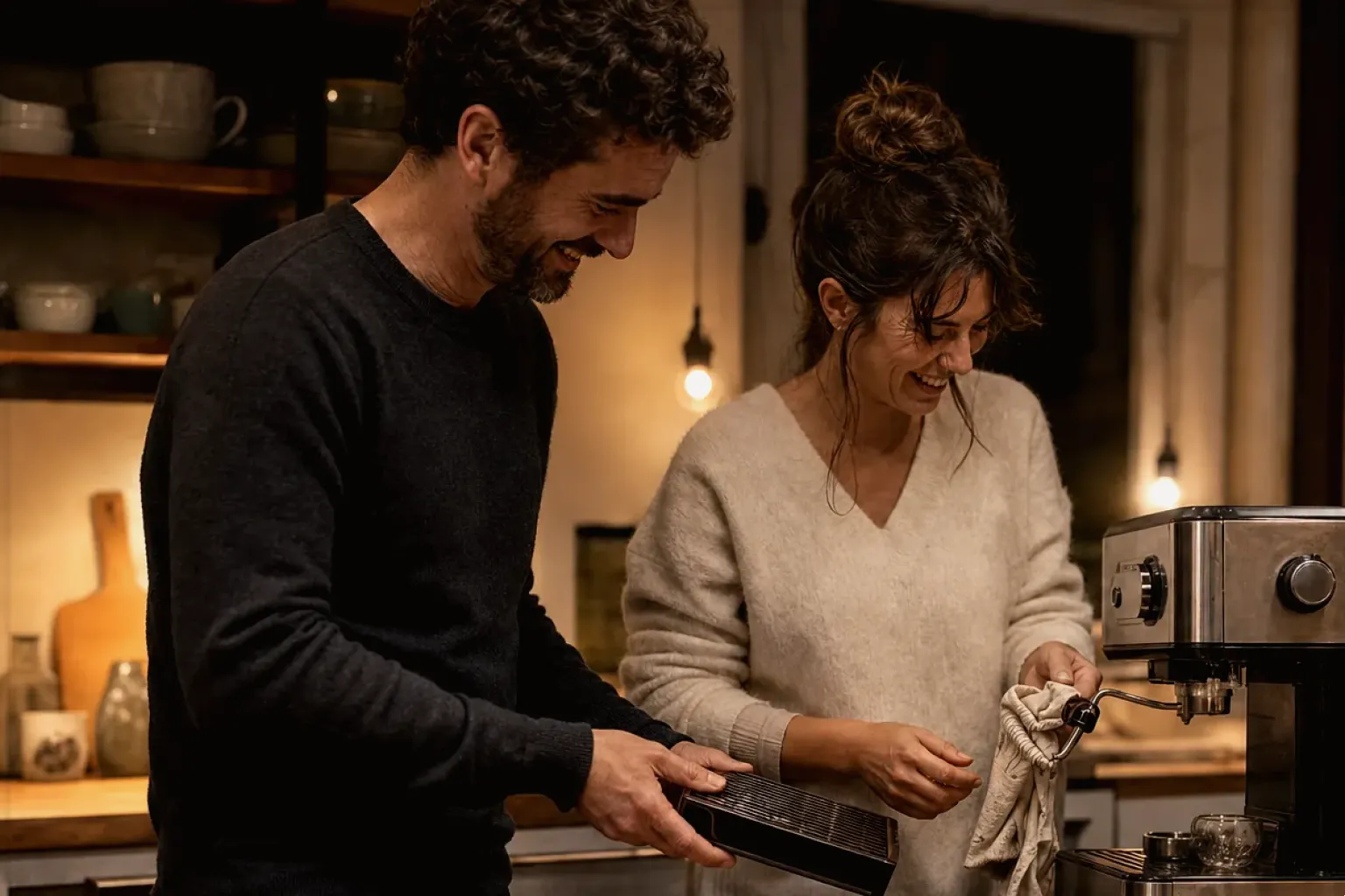 Ein Paar reinigt am Abend gemeinsam und gut gelaunt seine Espressomaschine in der Küche – gezeigt für Kaffeemühlen-Finder im Kaufberatung.