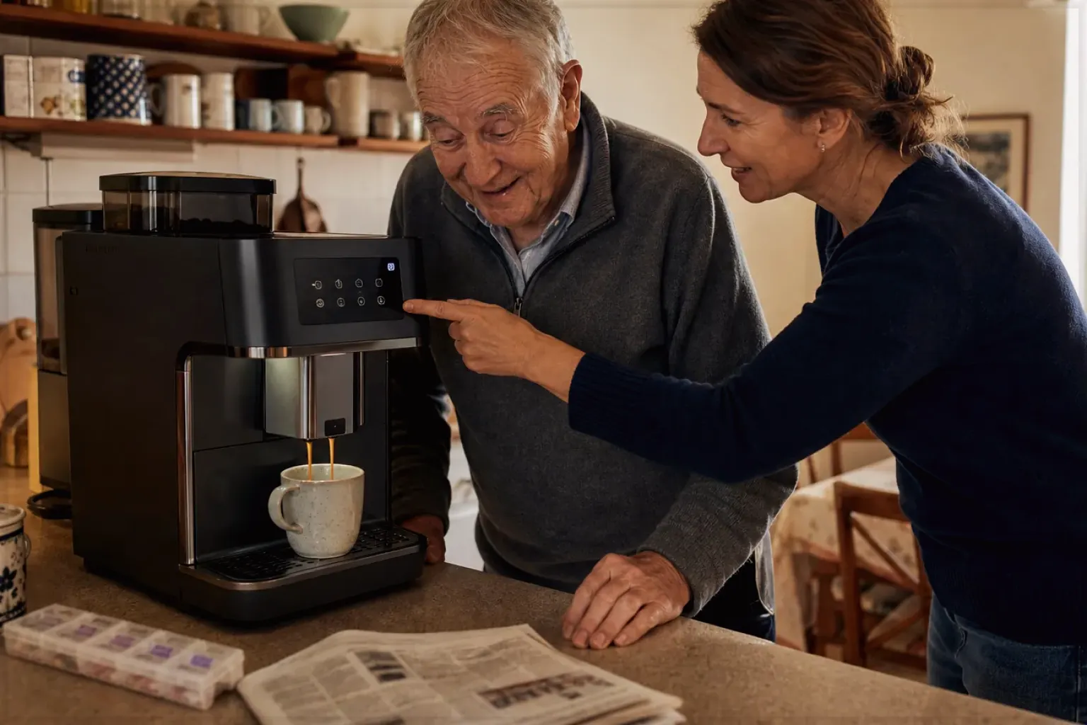 Eine erwachsene Tochter erklärt ihrem älteren Vater in seiner Küche einen Kaffeevollautomaten – gezeigt für Kaffeemühlen-Finder im Kaufberatung.