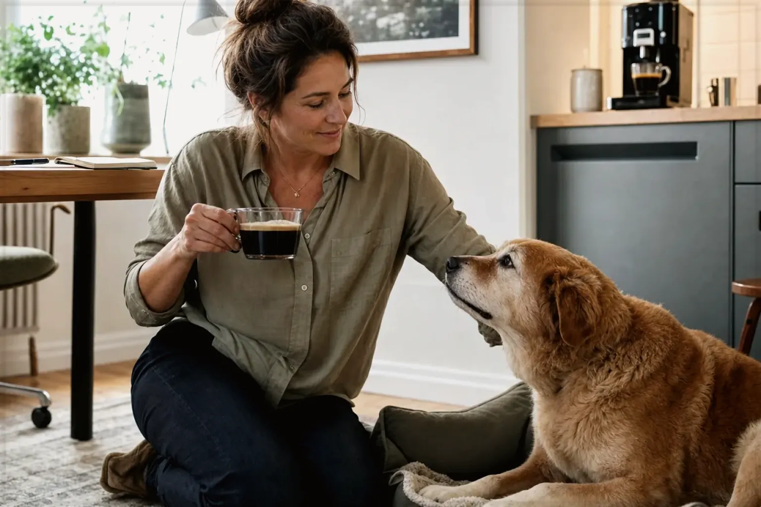 Eine Frau genießt im Homeoffice eine Kaffeepause bei ihrem älteren Hund – gezeigt für Kaffeemühlen-Finder im Kaufberatung.