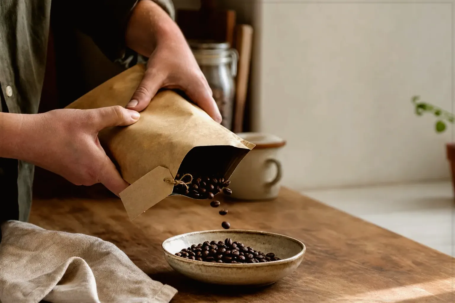 Hände füllen frisch geröstete Kaffeebohnen aus einer Papiertüte in eine Keramikschale – gezeigt für Kaffeemühlen-Finder im Kaufberatung.