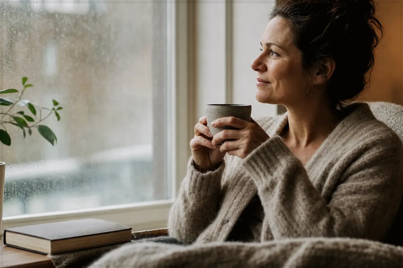 Eine Frau genießt an einem regnerischen Nachmittag ruhig eine Tasse Kaffee am Fenster – gezeigt für Kaffeemühlen-Finder im Kaufberatung.
