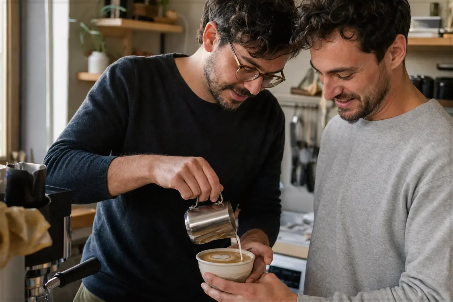 Zwei Freunde freuen sich in einer kleinen Küche über ihre gemeinsam gegossene Latte Art – gezeigt für Kaffeemühlen-Finder im Kaufberatung.