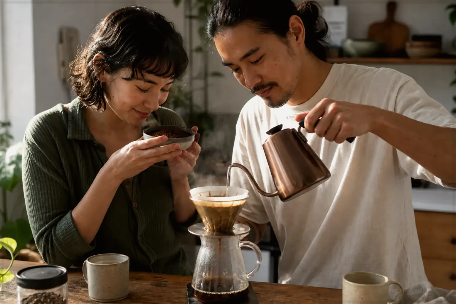 Zwei Menschen bereiten am Wochenende gemeinsam Filterkaffee mit einem Handfilter zu – gezeigt für Kaffeemühlen-Finder im Kaufberatung.