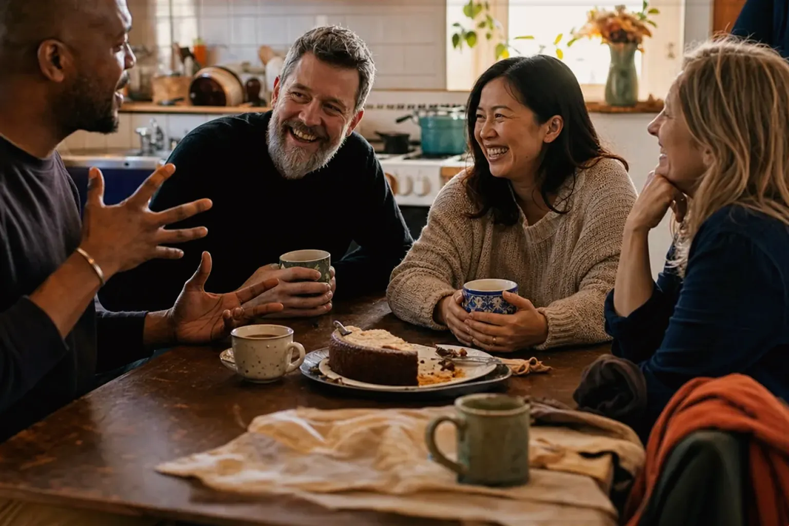 Vier erwachsene Freunde lachen gemeinsam bei Kaffee und selbst gebackenem Kuchen – gezeigt für Kaffeemühlen-Finder im Kaufberatung.