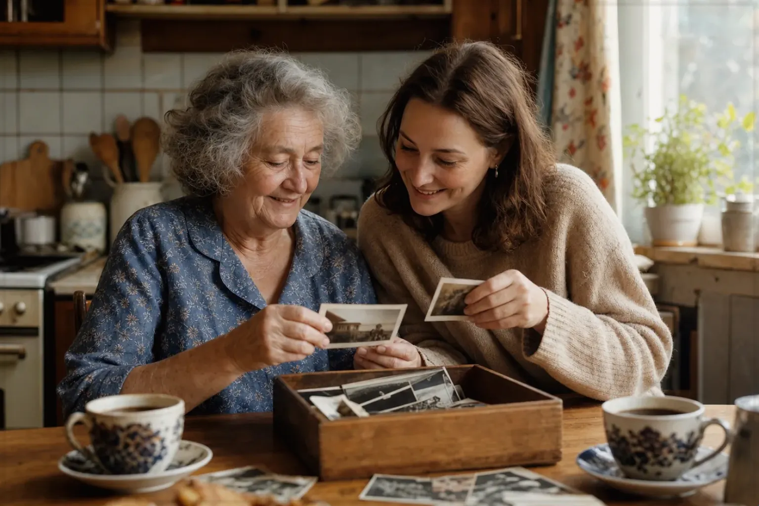 Eine ältere Frau und ihre erwachsene Enkelin betrachten bei Kaffee gemeinsam alte Familienfotos – gezeigt für Kaffeemühlen-Finder im Kaufberatung.