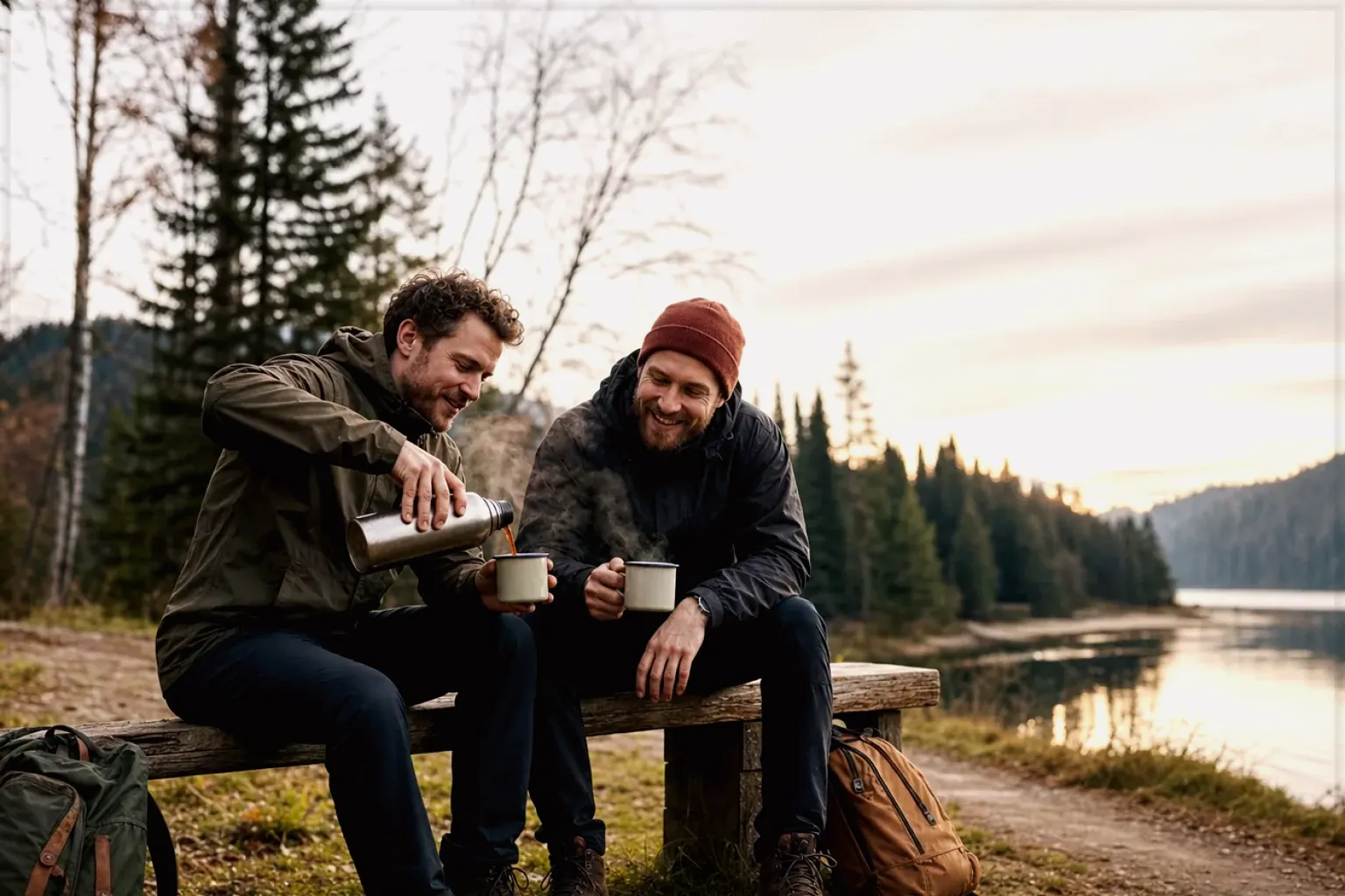 Zwei Freunde teilen auf einer Wanderung heißen Kaffee aus einer Thermoskanne am See – gezeigt für Kaffeemühlen-Finder im Kaufberatung.