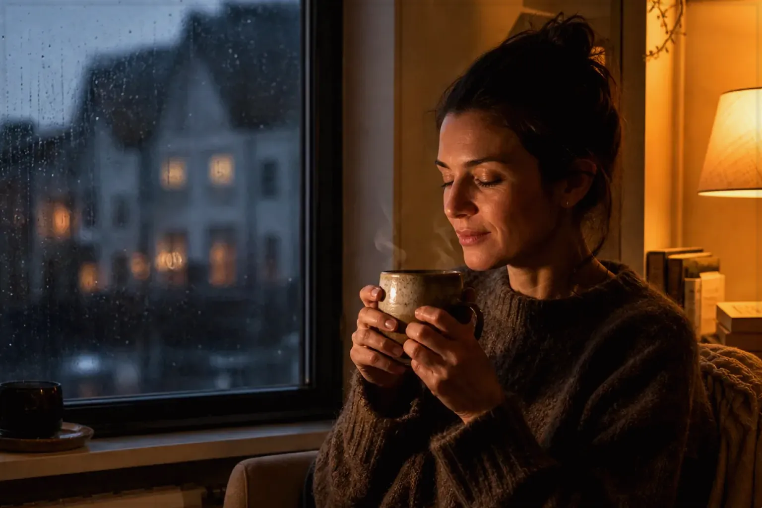 Eine Frau genießt an einem regnerischen Abend ruhig eine warme Tasse Kaffee am Fenster – gezeigt für Kaffeemühlen-Finder im Kaufberatung.