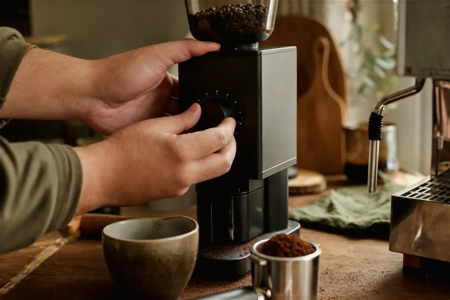 Zwei Hände stellen den Mahlgrad an einer Kaffeemühle präzise ein.