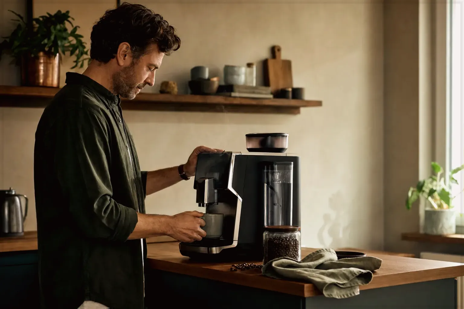 Ein Mann bereitet morgens Kaffee an einem Vollautomaten in seiner Küche zu – gezeigt für Vollautomaten-Beratung im Kaufberatung.