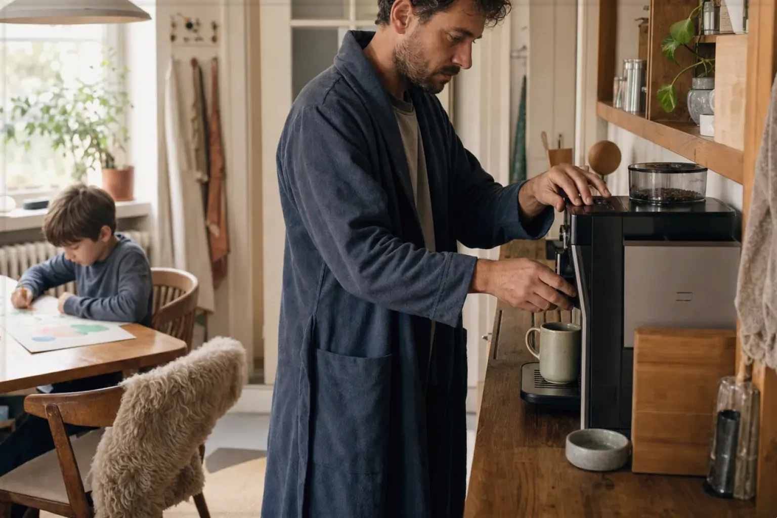 Ein Vater bereitet morgens Kaffee am Vollautomaten zu, während sein Kind am Küchentisch malt – gezeigt für Vollautomaten-Beratung im Kaufberatung.