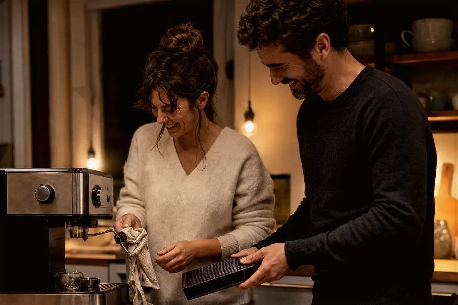 Ein Paar reinigt am Abend gemeinsam und gut gelaunt seine Espressomaschine in der Küche – gezeigt für Vollautomaten-Beratung im Kaufberatung.