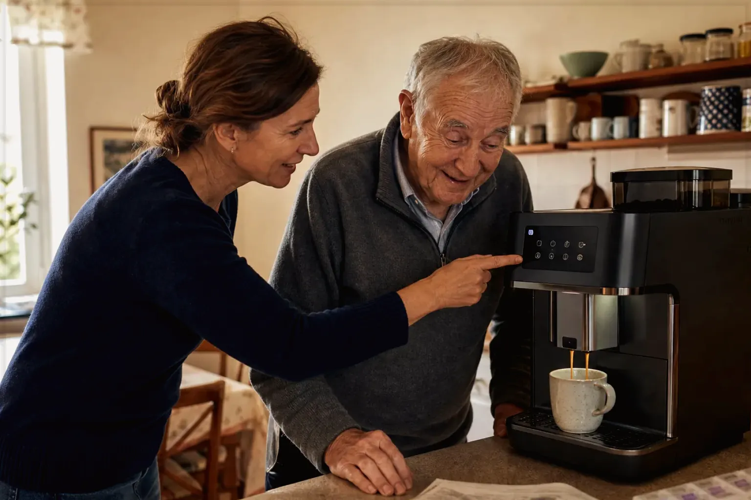 Eine erwachsene Tochter erklärt ihrem älteren Vater in seiner Küche einen Kaffeevollautomaten – gezeigt für Vollautomaten-Beratung im Kaufberatung.