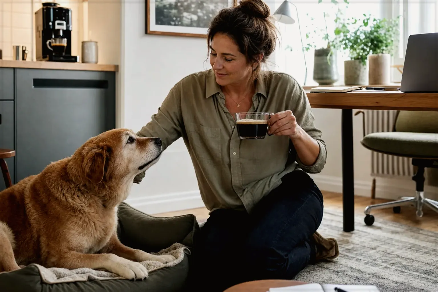 Eine Frau genießt im Homeoffice eine Kaffeepause bei ihrem älteren Hund – gezeigt für Vollautomaten-Beratung im Kaufberatung.