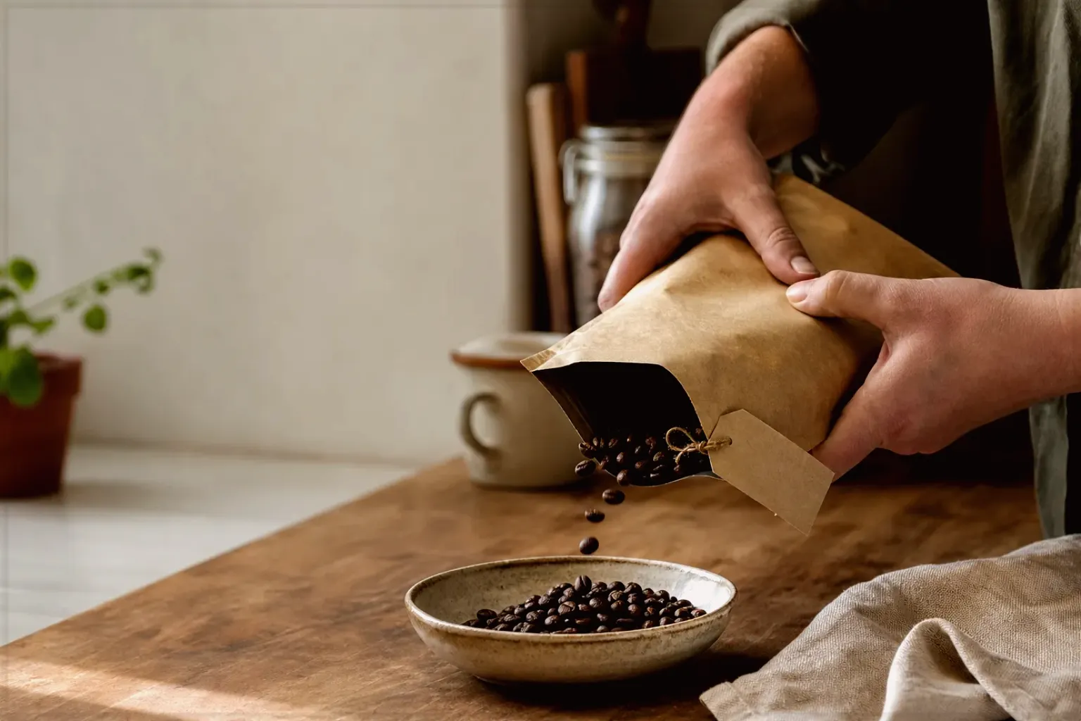 Hände füllen frisch geröstete Kaffeebohnen aus einer Papiertüte in eine Keramikschale – gezeigt für Vollautomaten-Beratung im Kaufberatung.