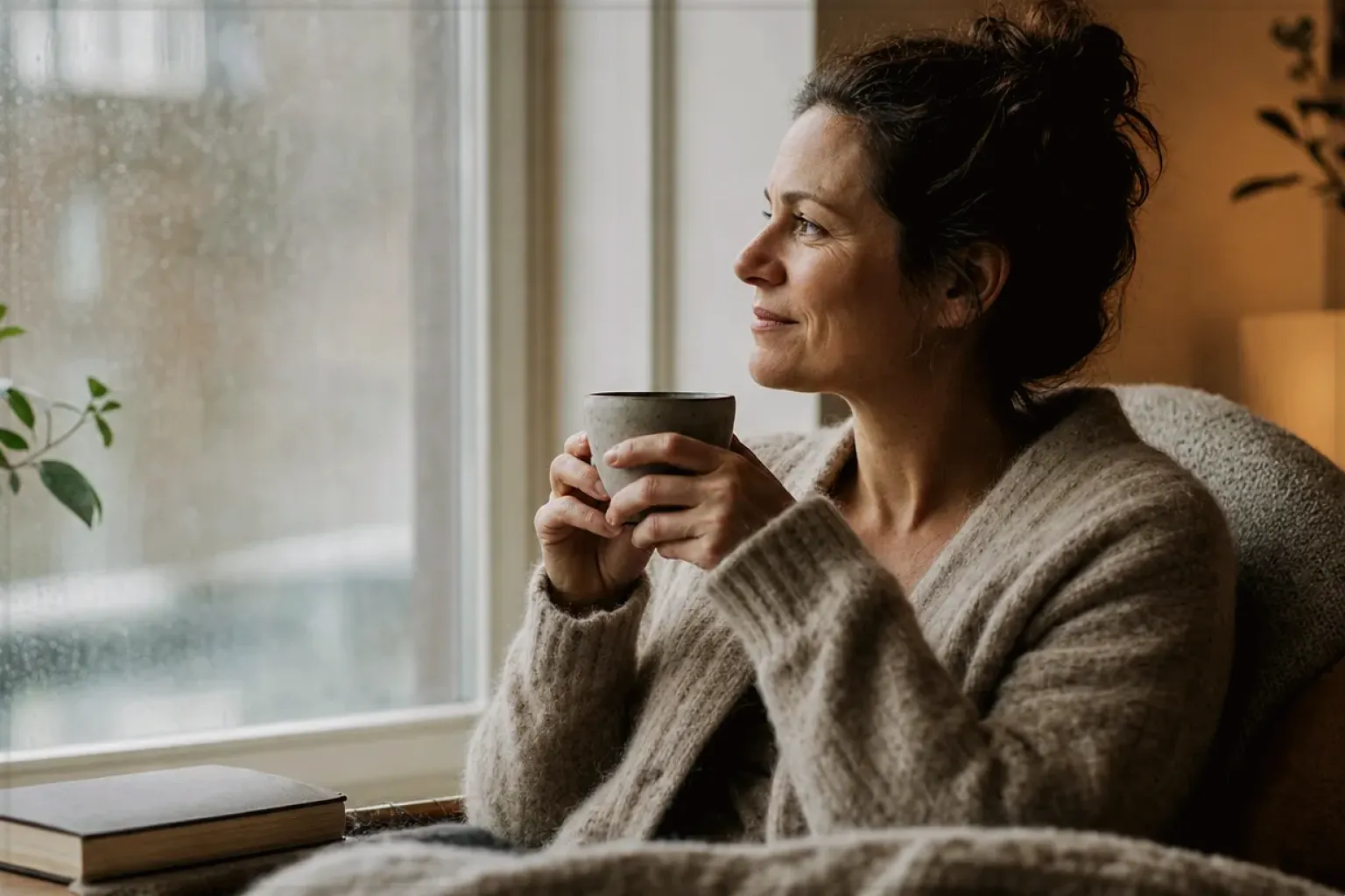 Eine Frau genießt an einem regnerischen Nachmittag ruhig eine Tasse Kaffee am Fenster – gezeigt für Vollautomaten-Beratung im Kaufberatung.