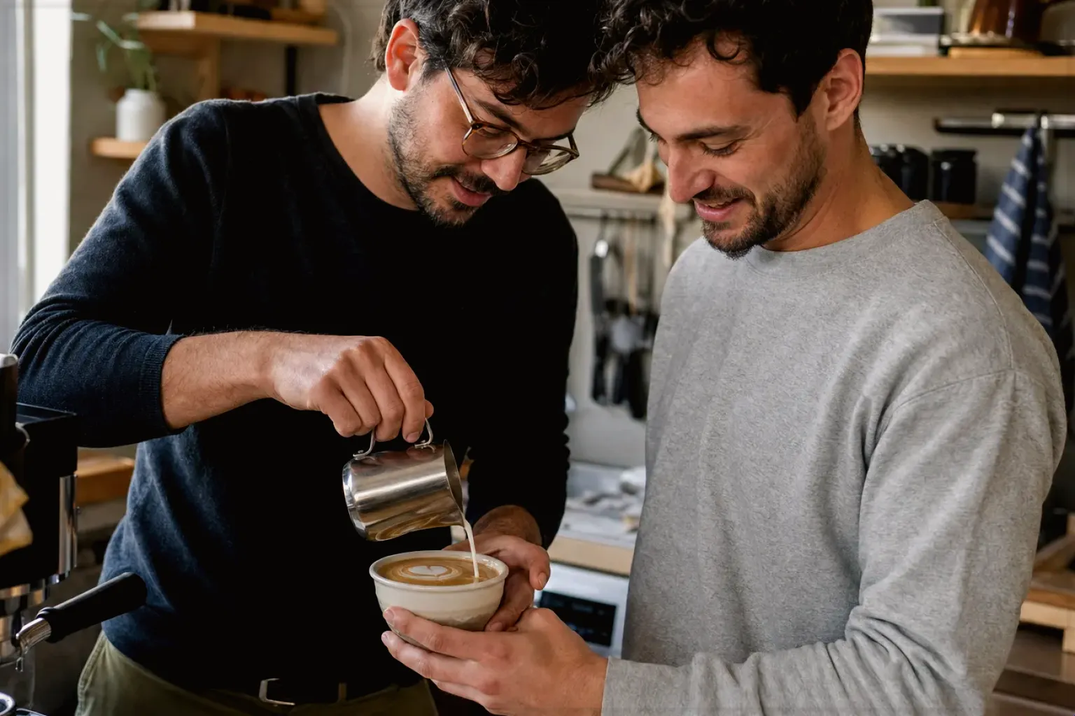 Zwei Freunde freuen sich in einer kleinen Küche über ihre gemeinsam gegossene Latte Art – gezeigt für Vollautomaten-Beratung im Kaufberatung.
