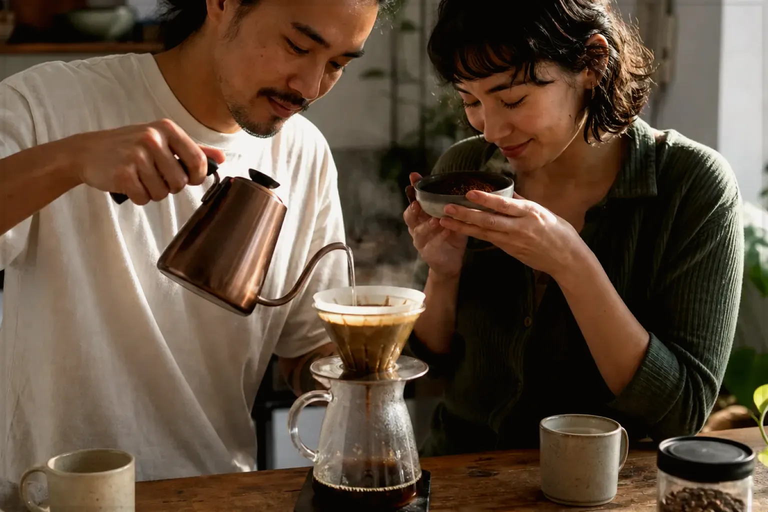 Zwei Menschen bereiten am Wochenende gemeinsam Filterkaffee mit einem Handfilter zu – gezeigt für Vollautomaten-Beratung im Kaufberatung.