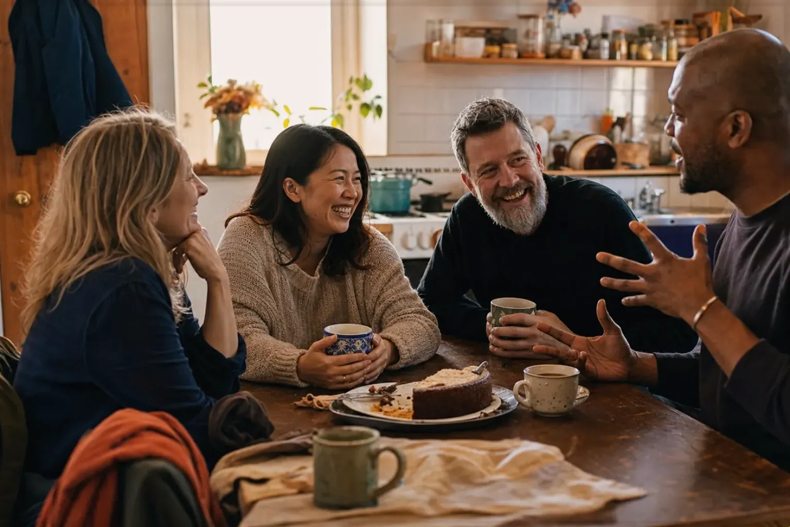 Vier erwachsene Freunde lachen gemeinsam bei Kaffee und selbst gebackenem Kuchen – gezeigt für Vollautomaten-Beratung im Kaufberatung.