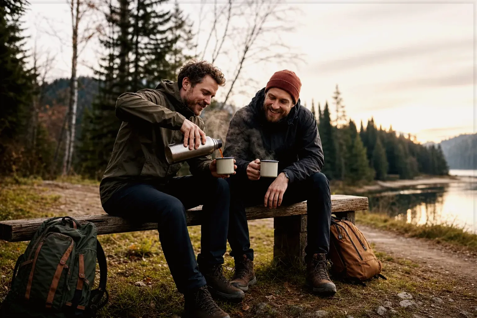 Zwei Freunde teilen auf einer Wanderung heißen Kaffee aus einer Thermoskanne am See – gezeigt für Vollautomaten-Beratung im Kaufberatung.