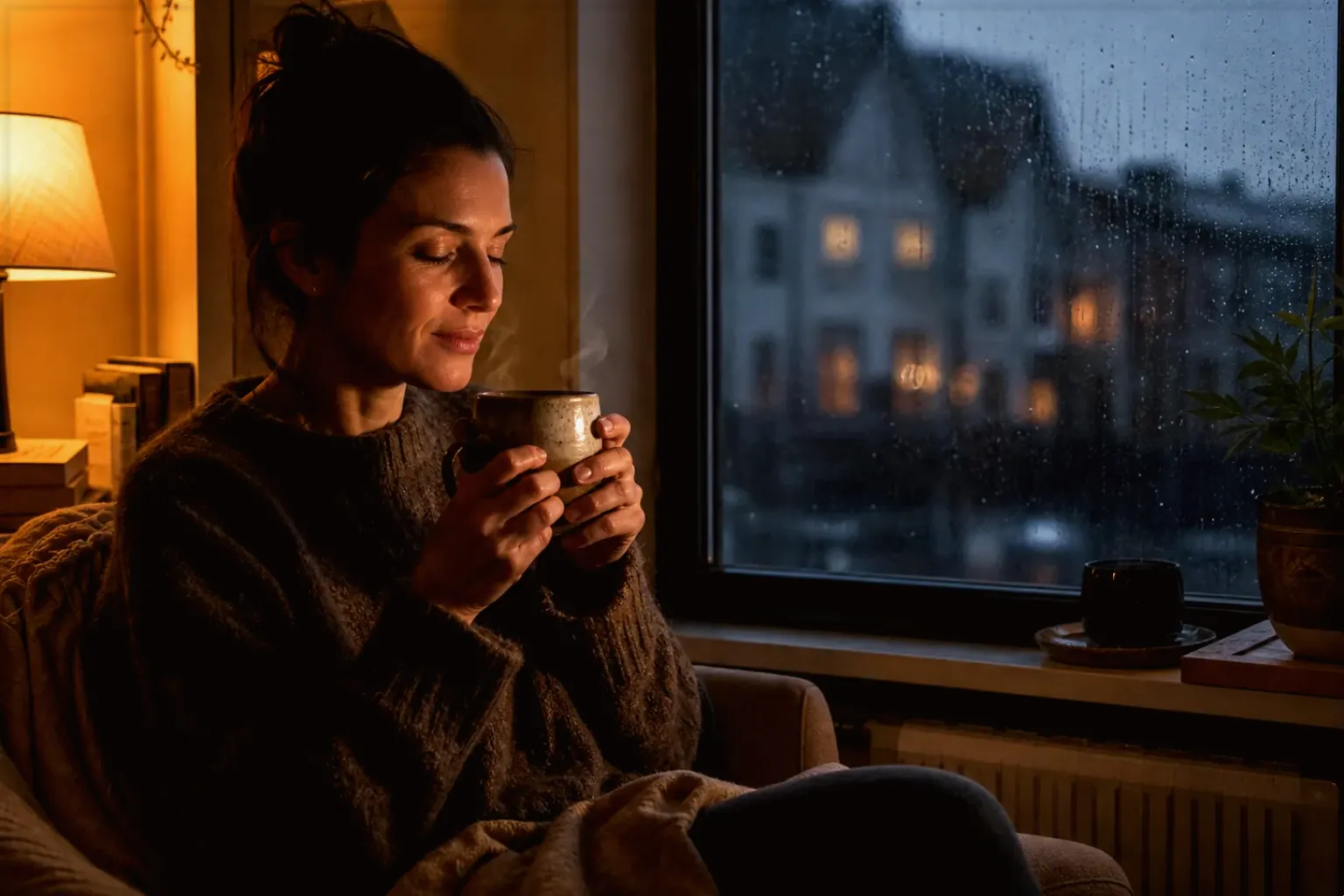 Eine Frau genießt an einem regnerischen Abend ruhig eine warme Tasse Kaffee am Fenster – gezeigt für Vollautomaten-Beratung im Kaufberatung.