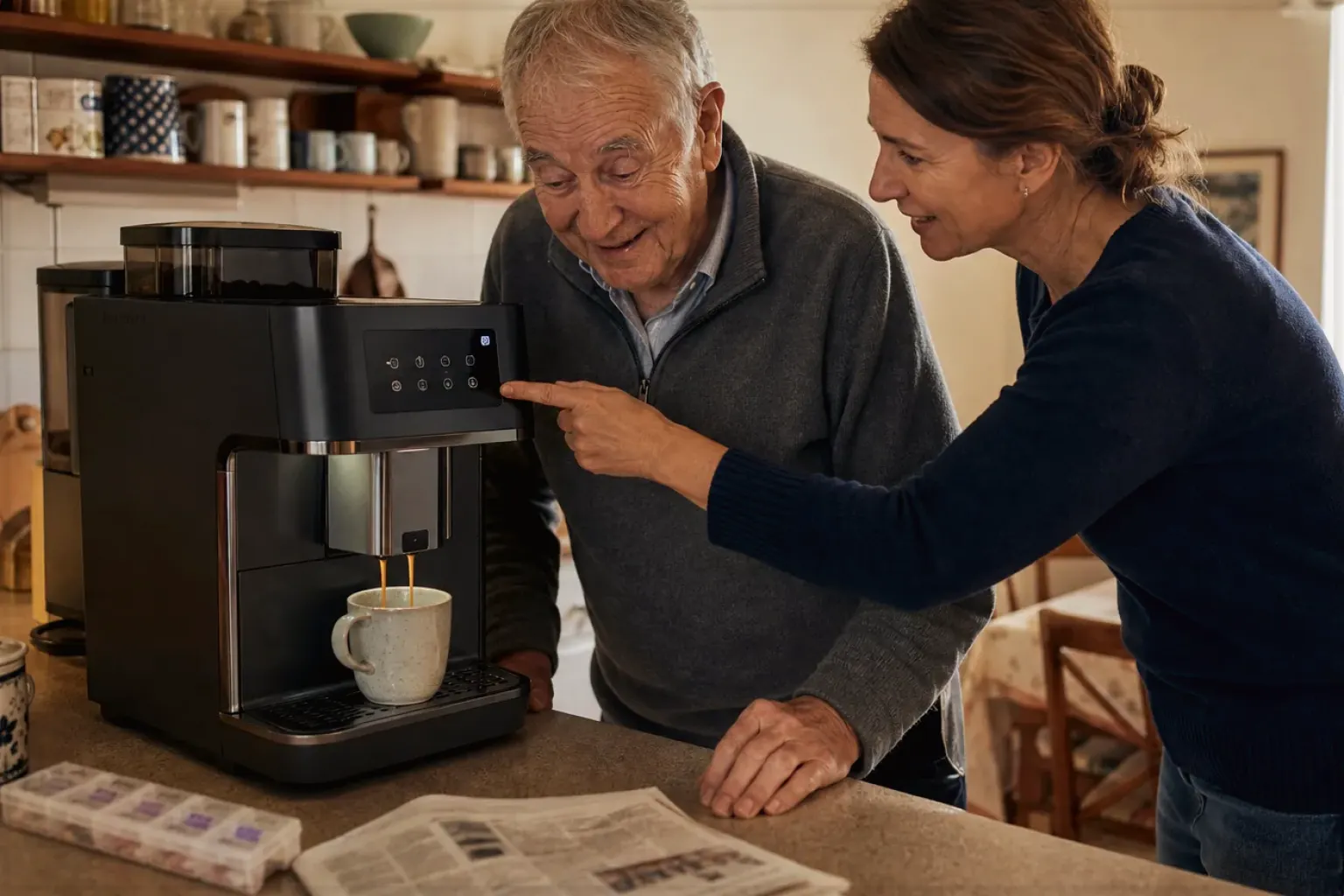 Eine erwachsene Tochter erklärt ihrem Vater verständlich die Bedienung eines Kaffeevollautomaten.