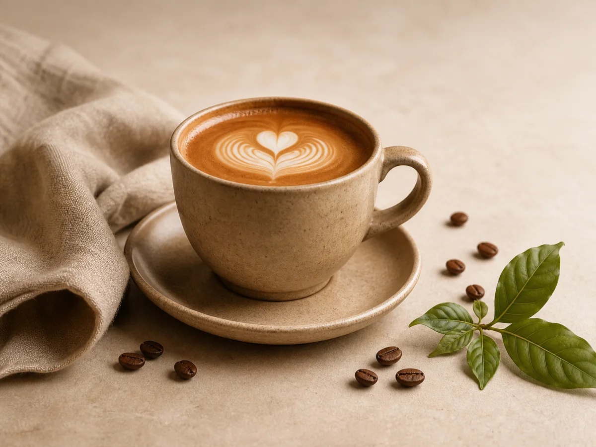 Cappuccino mit Latte Art, Kaffeebohnen und Kaffeepflanze