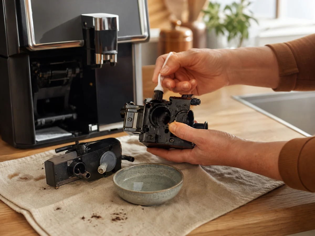 Brühgruppe eines Kaffeevollautomaten sorgfältig von Hand reinigen