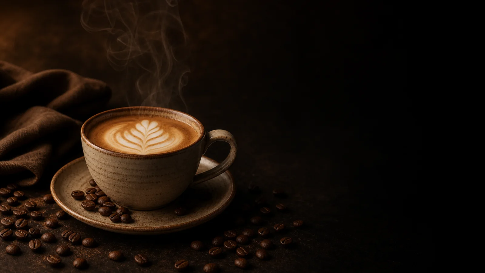 Dampfender Cappuccino mit Latte Art und gerösteten Kaffeebohnen