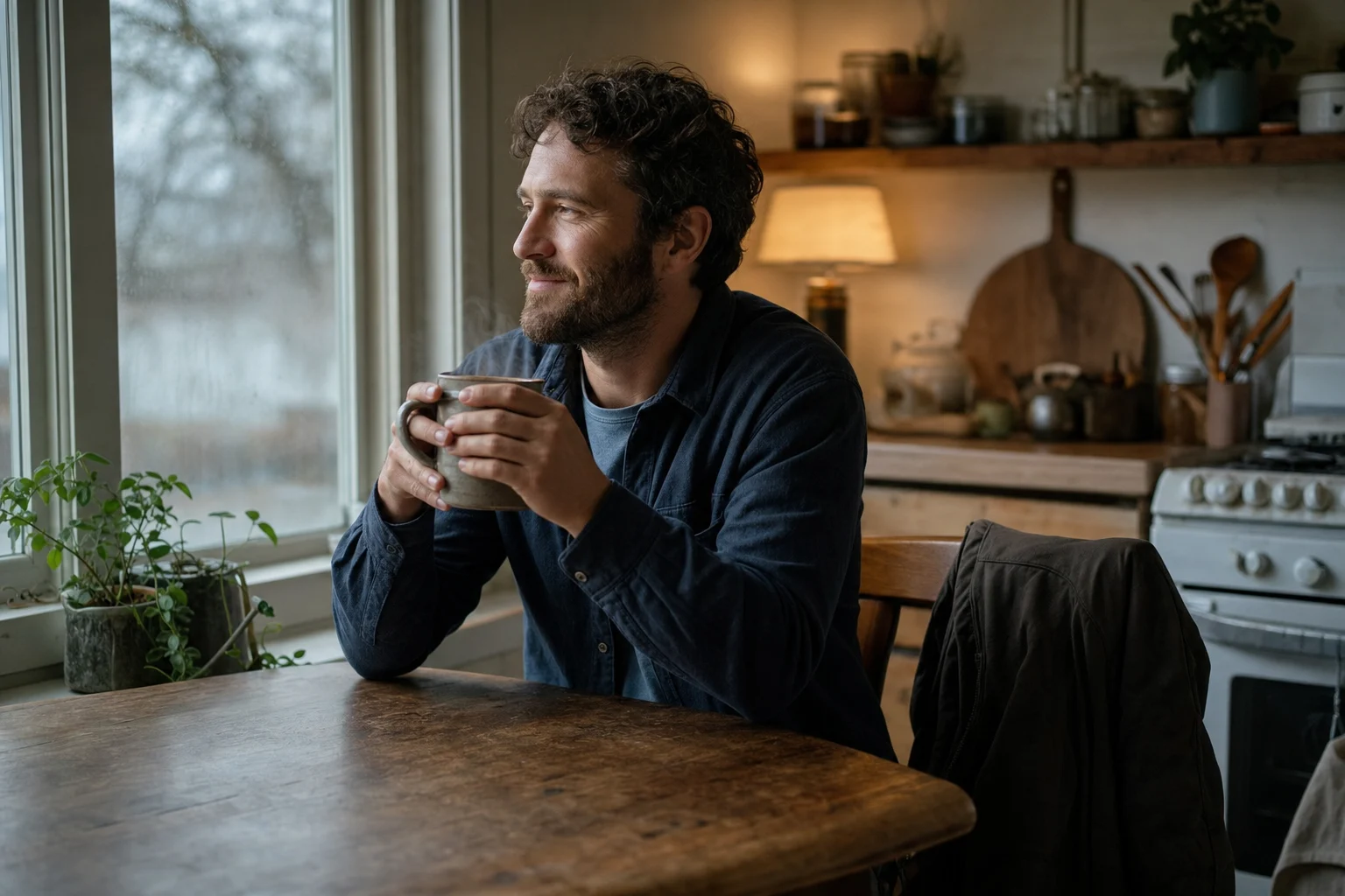 Ein Mann hält nach seinem Arbeitstag eine warme Kaffeetasse und blickt entspannt aus dem Küchenfenster.