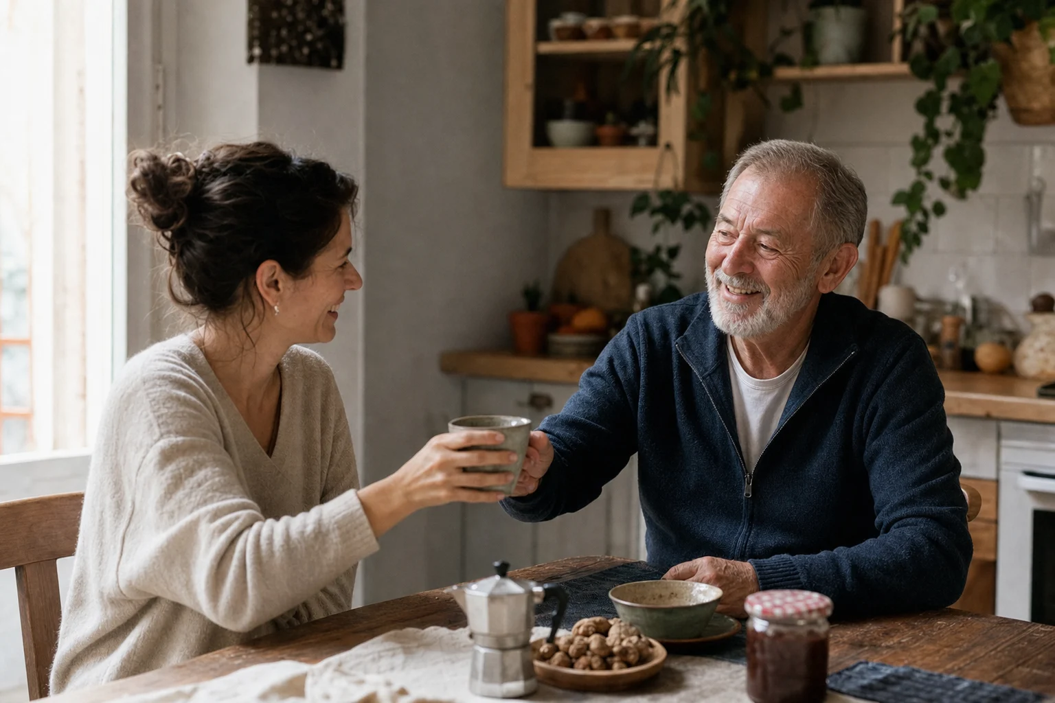 Eine erwachsene Tochter und ihr älterer Vater lachen gemeinsam beim Kaffee in ihrer bewohnten Küche.