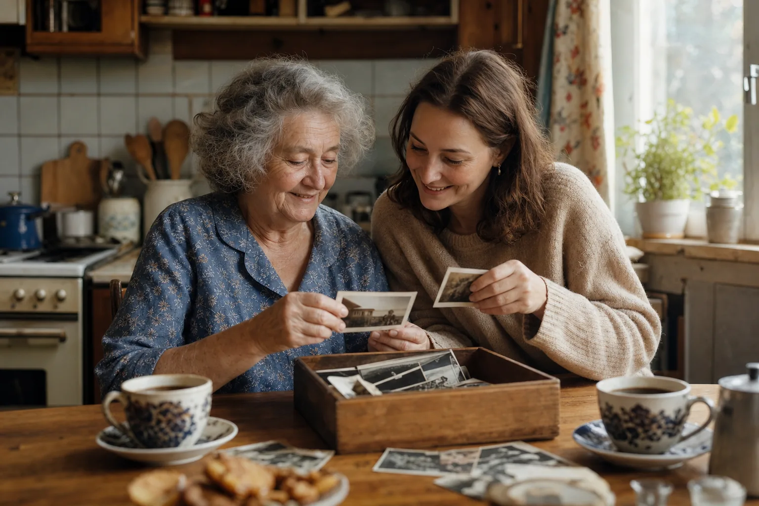 Eine ältere Frau und ihre erwachsene Enkelin betrachten bei Kaffee gemeinsam alte Familienfotos.