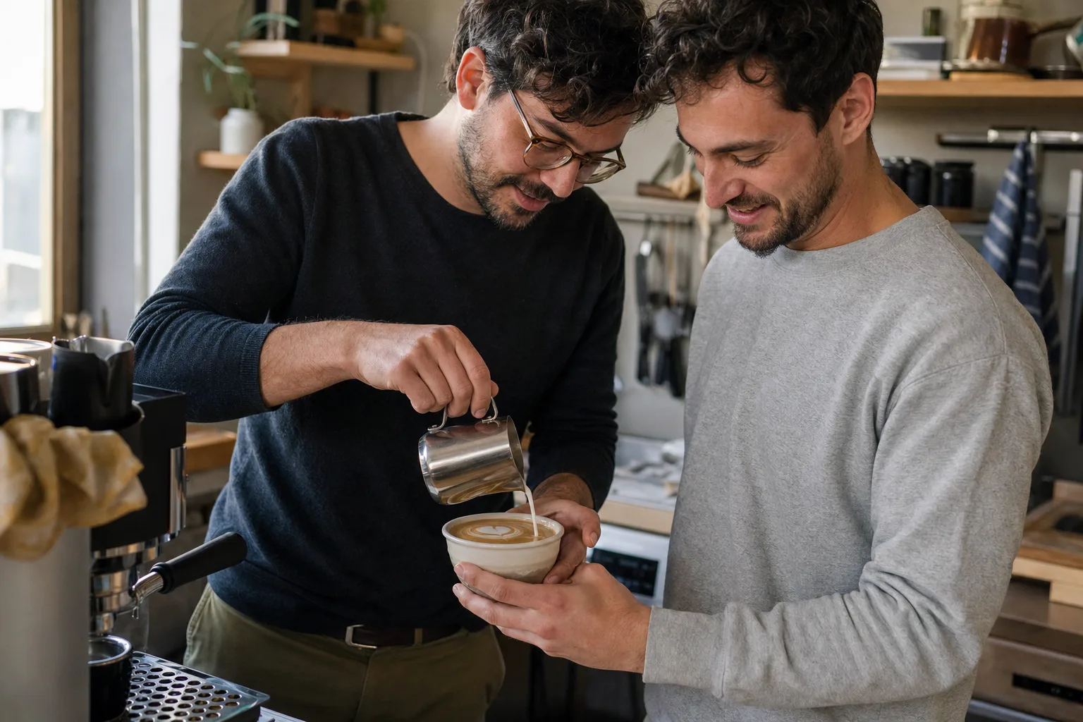 Zwei erwachsene Freunde freuen sich in einer kleinen Küche über ihre gemeinsam gegossene Latte Art.