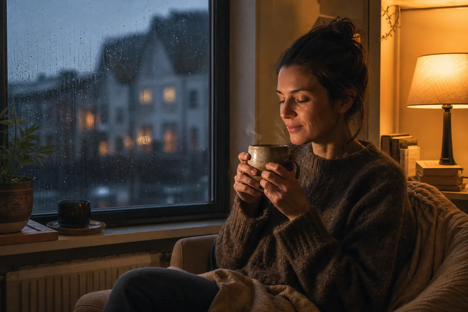 Eine Frau genießt an einem regnerischen Abend ruhig eine warme Tasse Kaffee am Fenster.